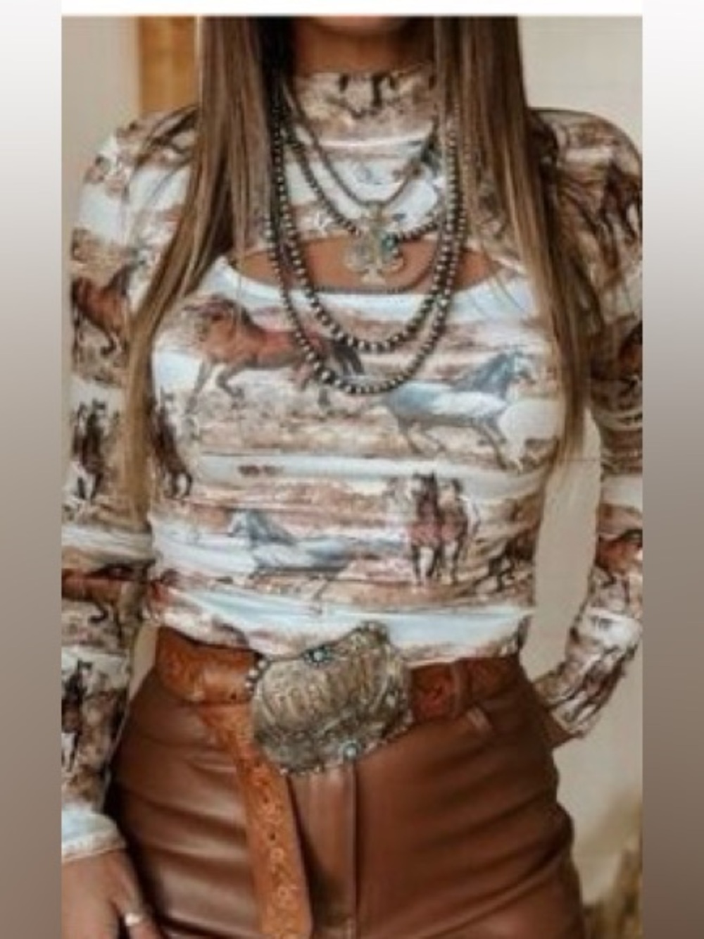 Woman’s Horse Print Long Sleeve Top with Peekaboo Cutout